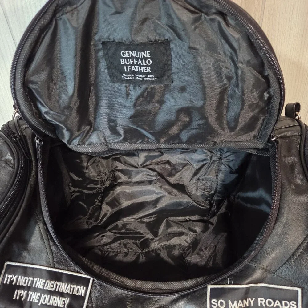 Genuine Buffalo Leather Motorcycle Bag Live to Ride Eagle USA Flag Patches Black